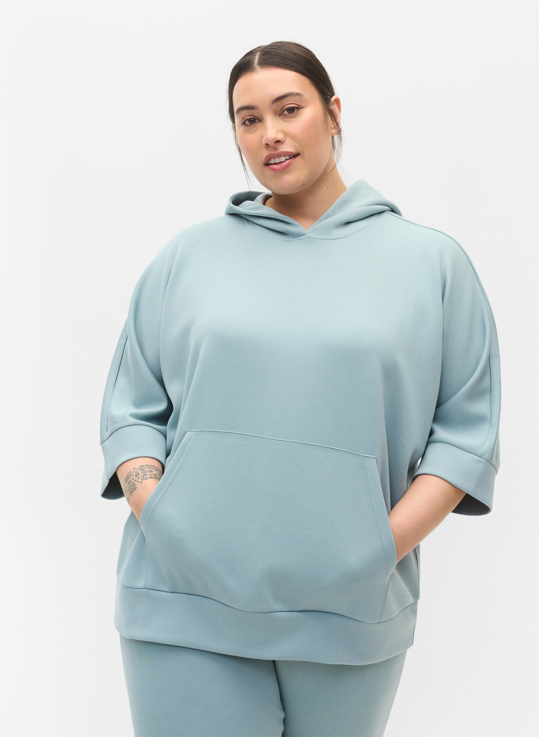 Sweatshirt med hætte og 3/4 ærmer, Slate, Model image number 0