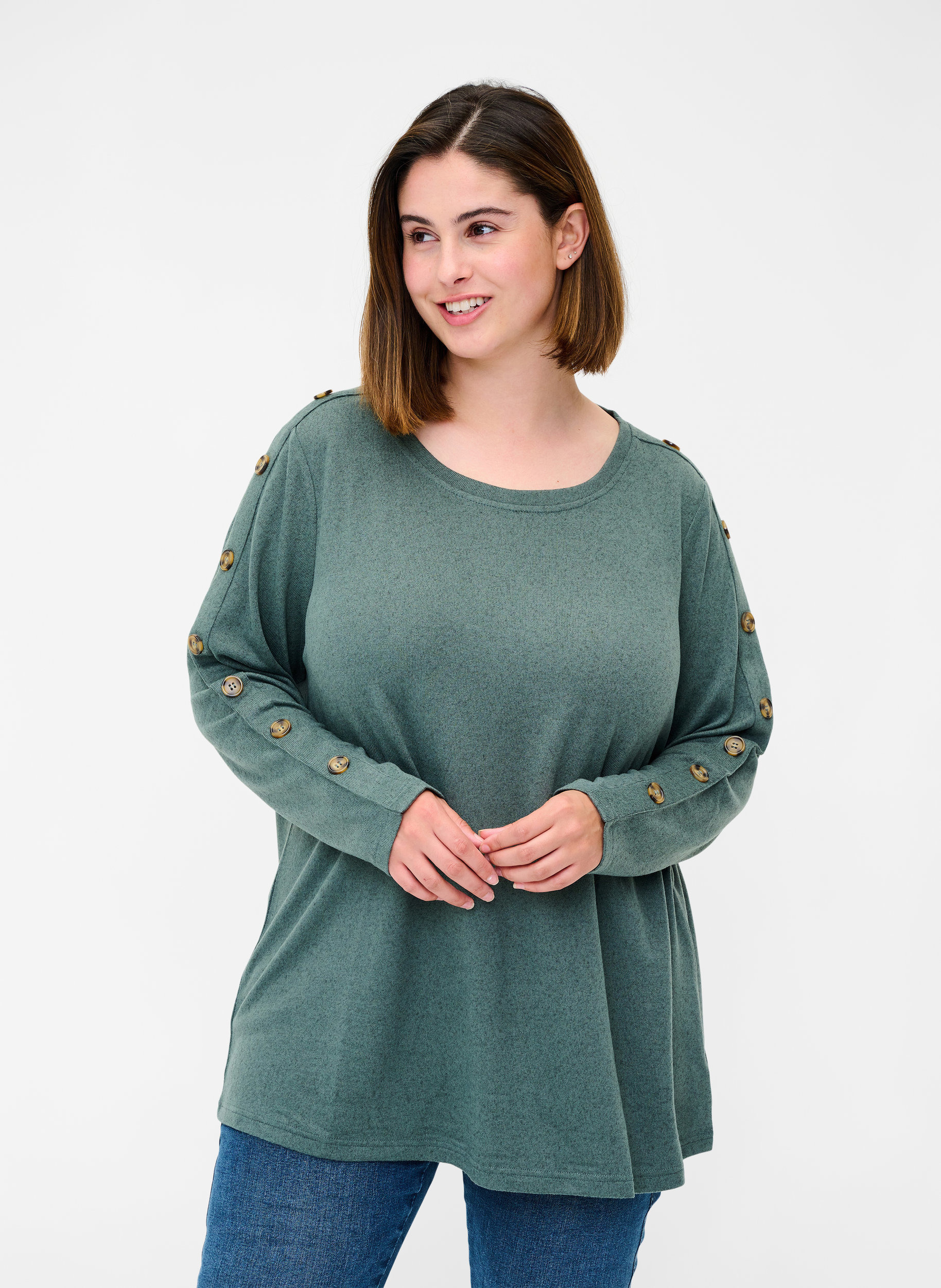 Langærmet bluse med knappedetaljer, Balsam Green Melange, Model