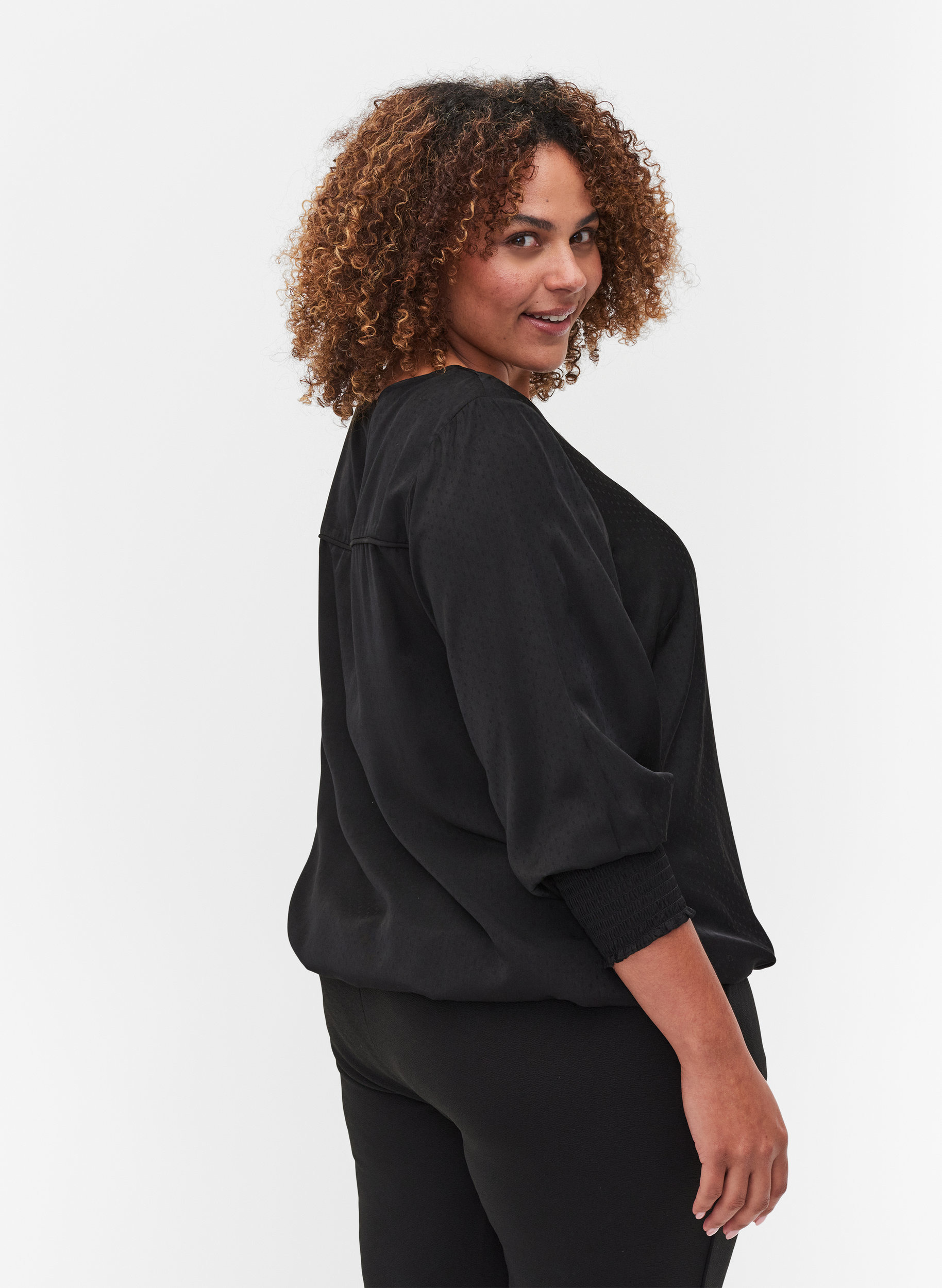 Bluse med v-udskæring og smock, Black, Model image number 1