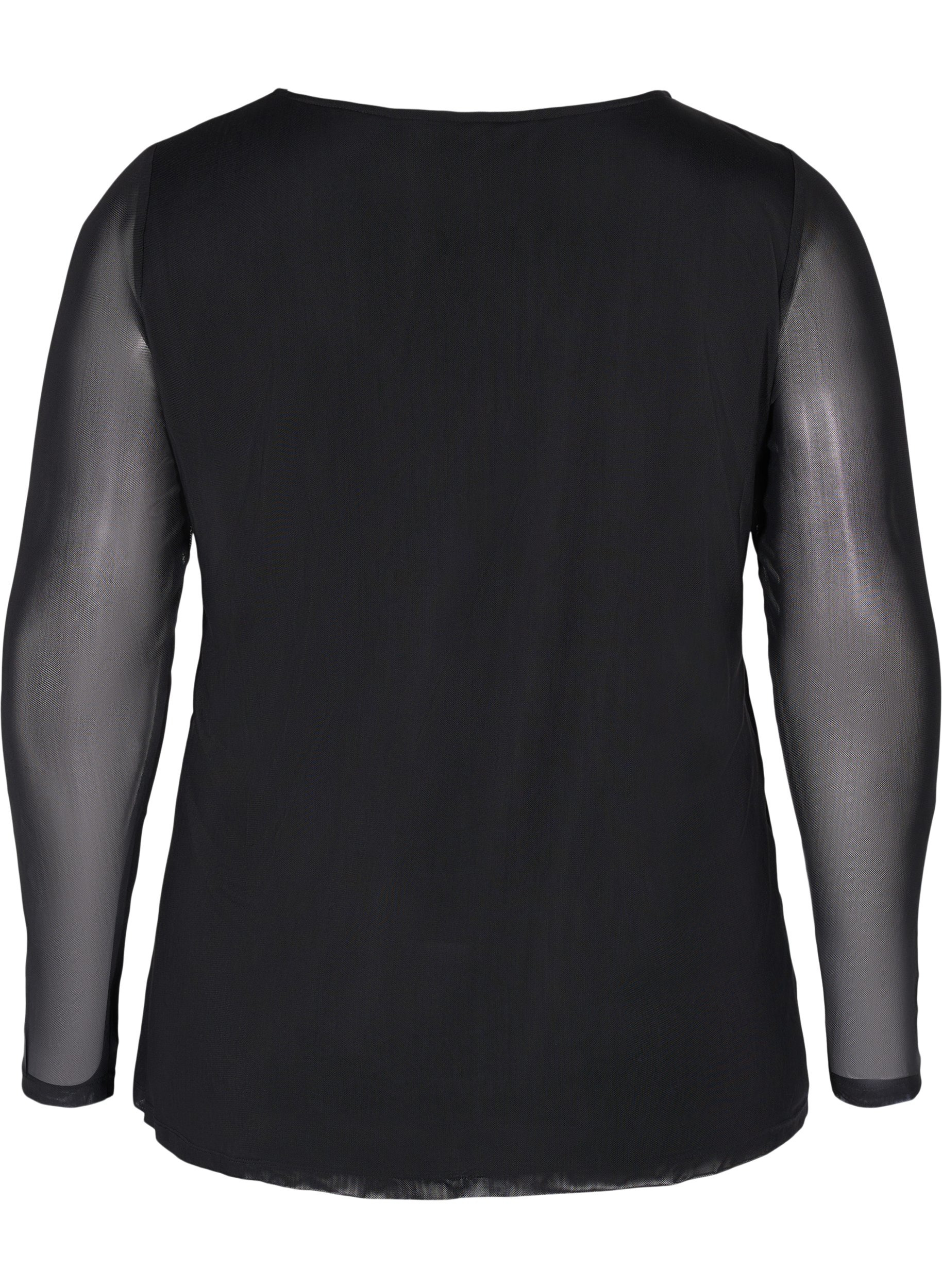Tætsiddende bluse med mesh , Black, Packshot image number 1
