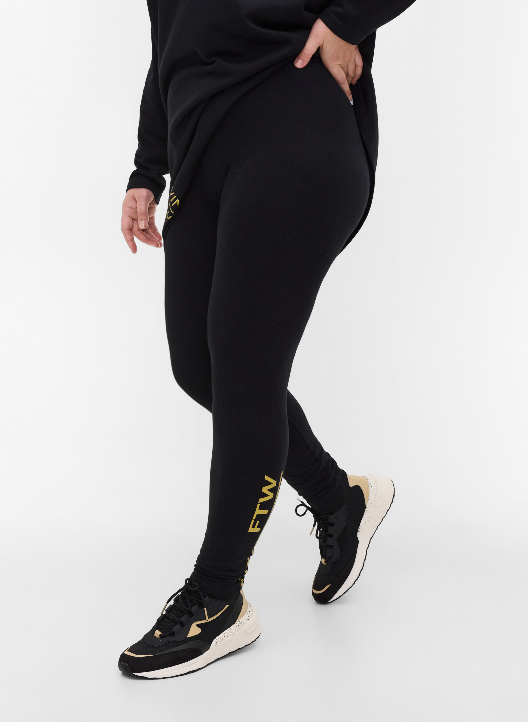 Bomulds leggings med printdetaljer, Black, Model image number 3