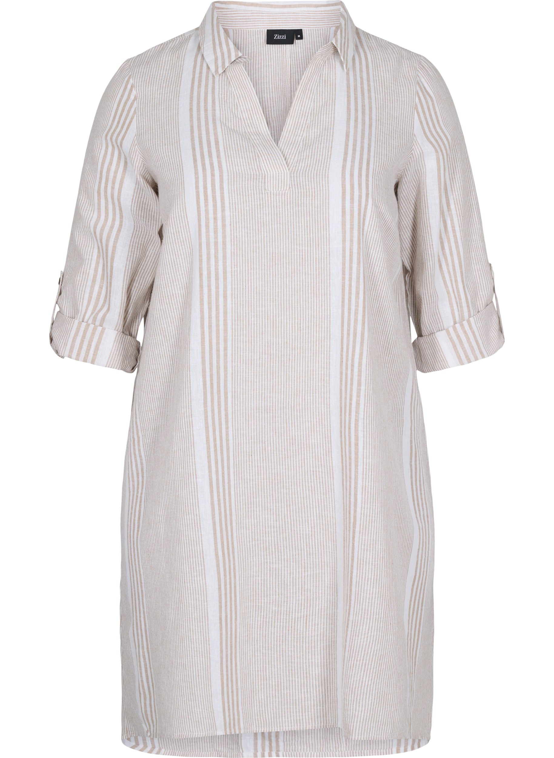 Kjole med v-udskæring og krave, White Taupe Stripe, Packshot
