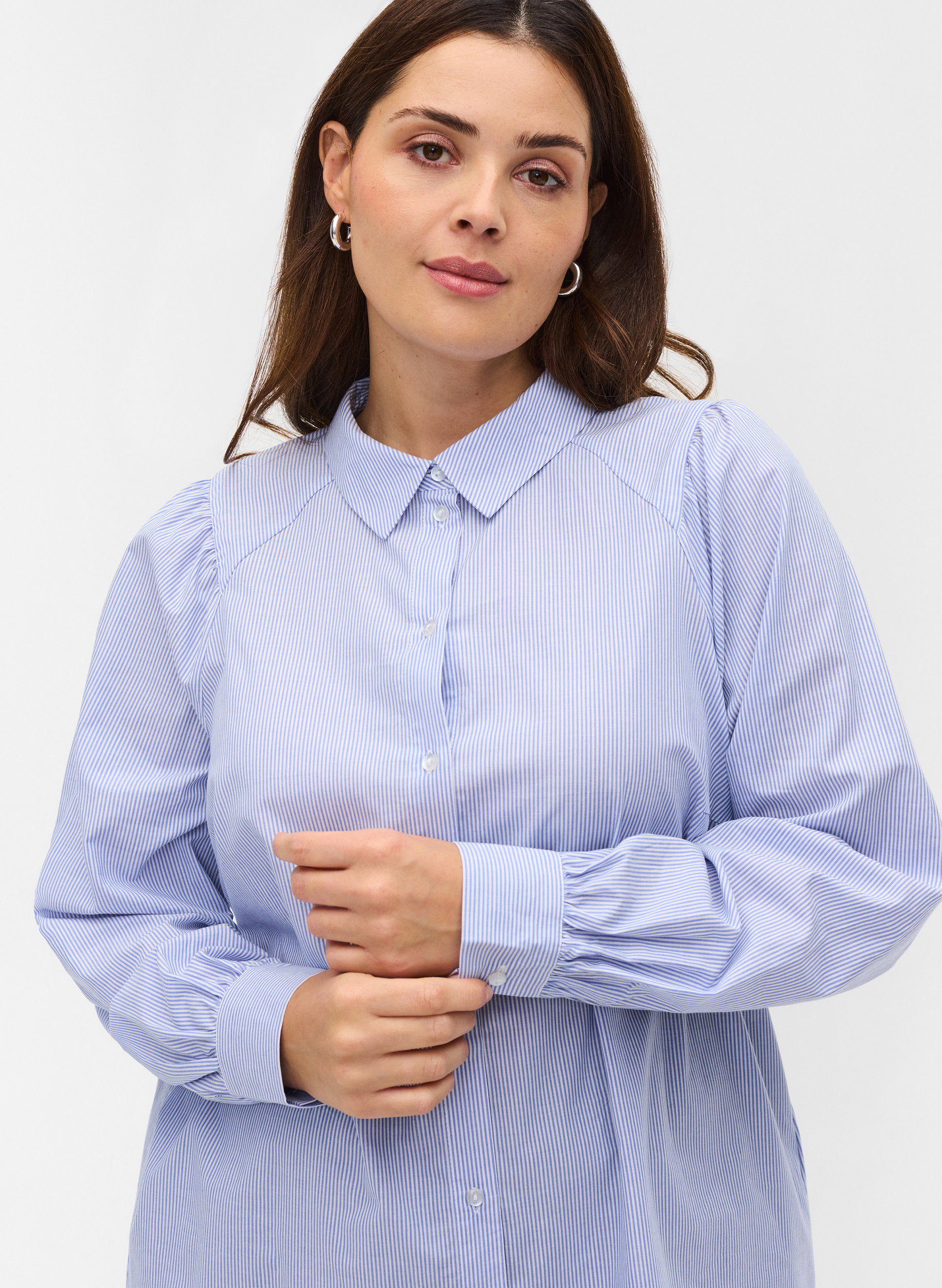 Stribet skjorte i bomuld, White/Blue stripe, Model image number 2
