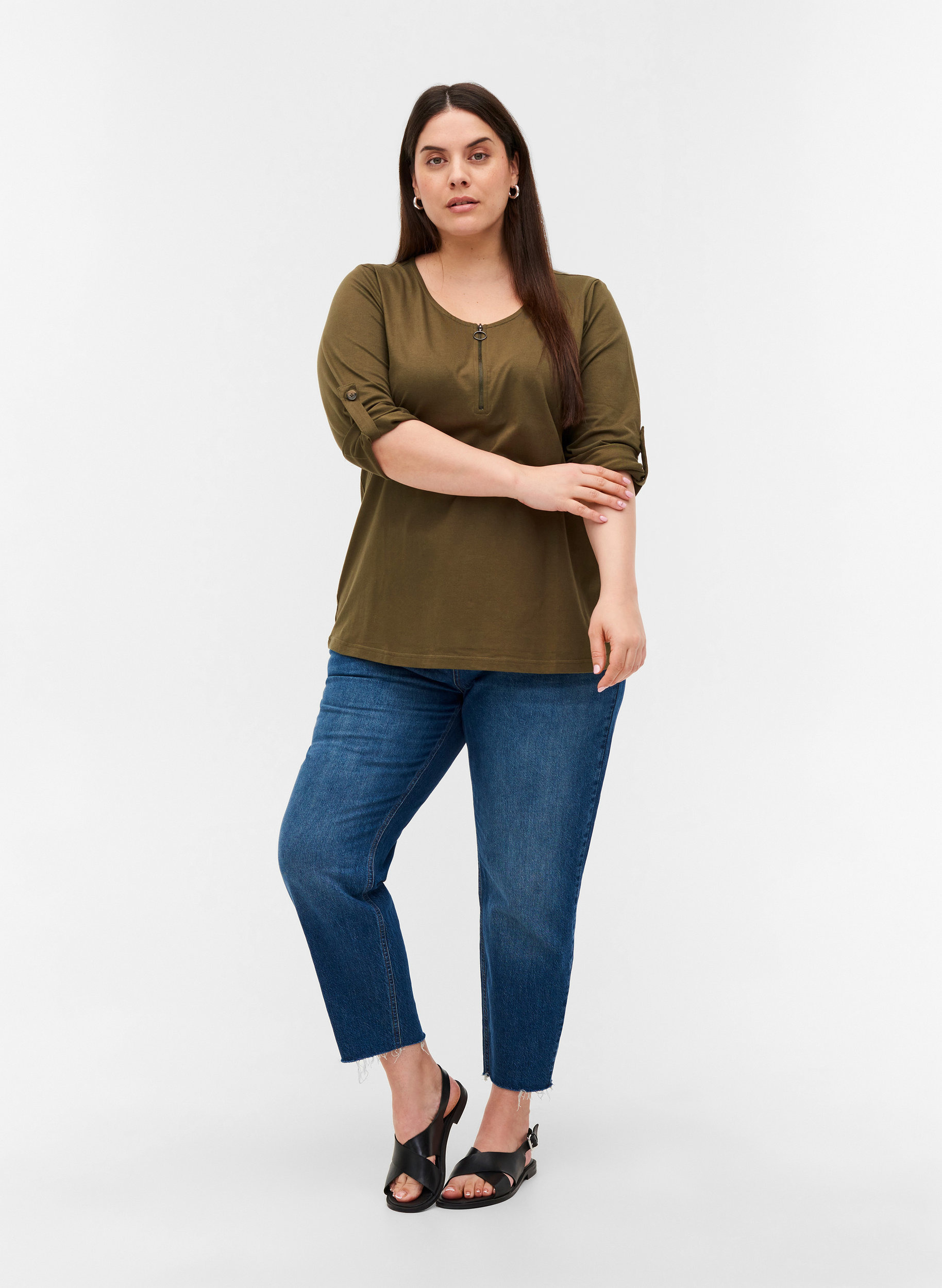 Bomulds bluse med lynlås detalje, Ivy Green, Model image number 2