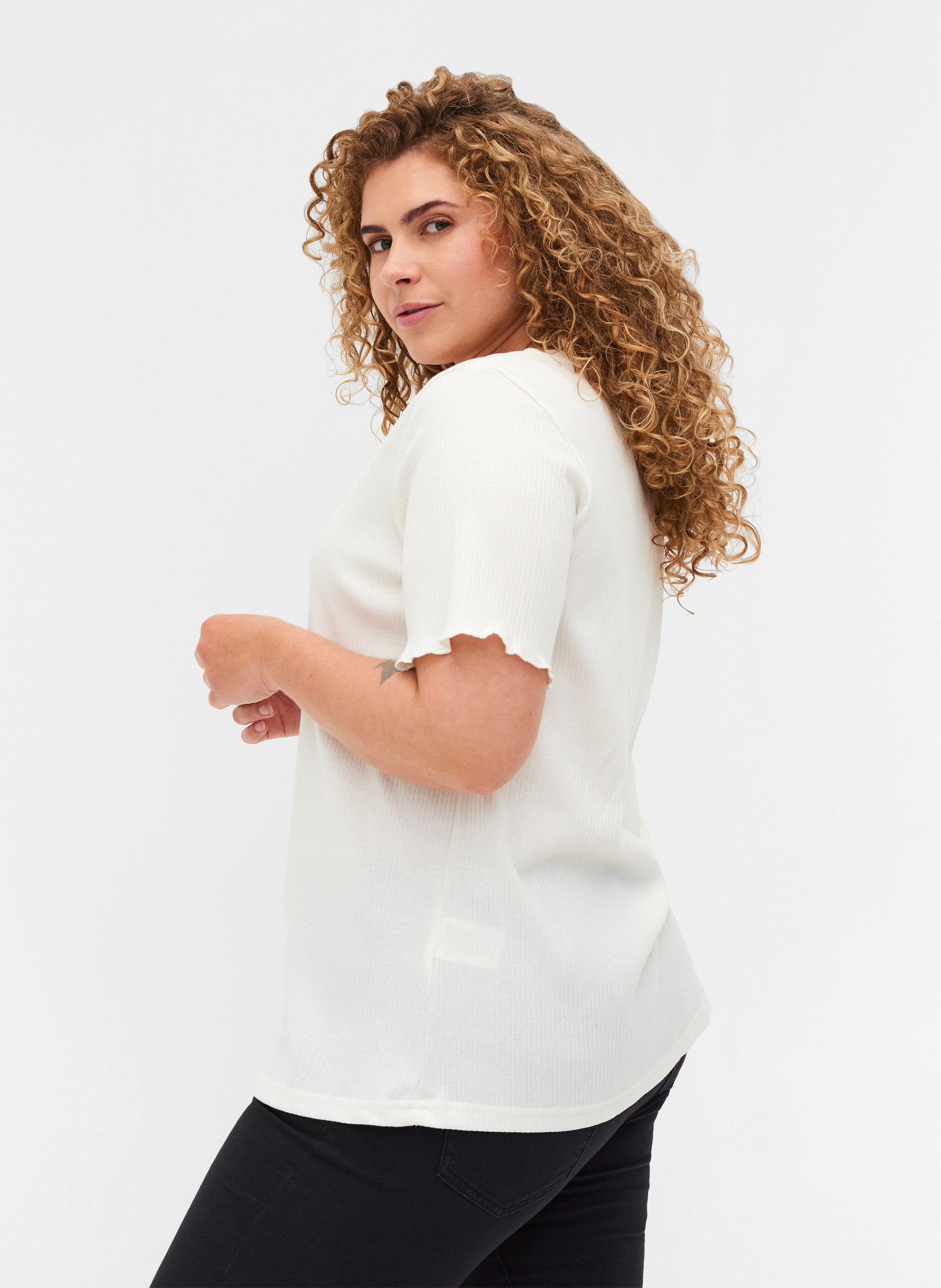 Kortærmet t-shirt i ribkvalitet, Egret, Model image number 1