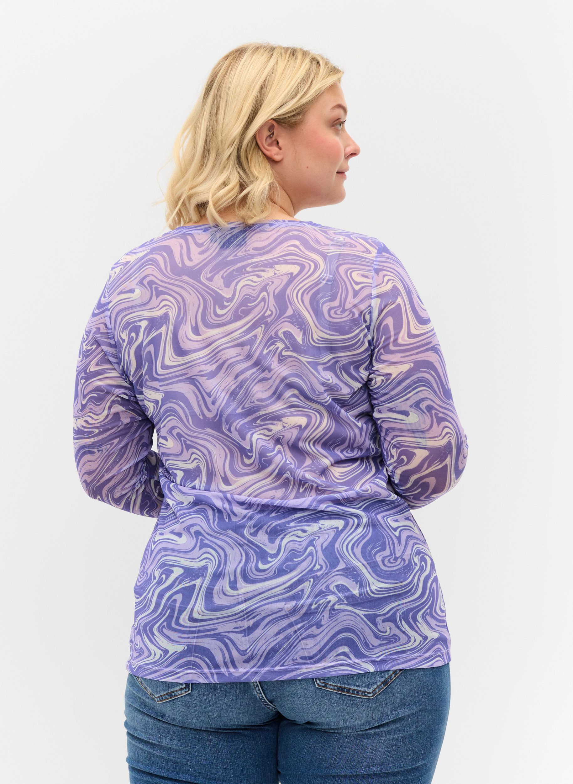 Mesh bluse med print, Lilac, Model image number 1