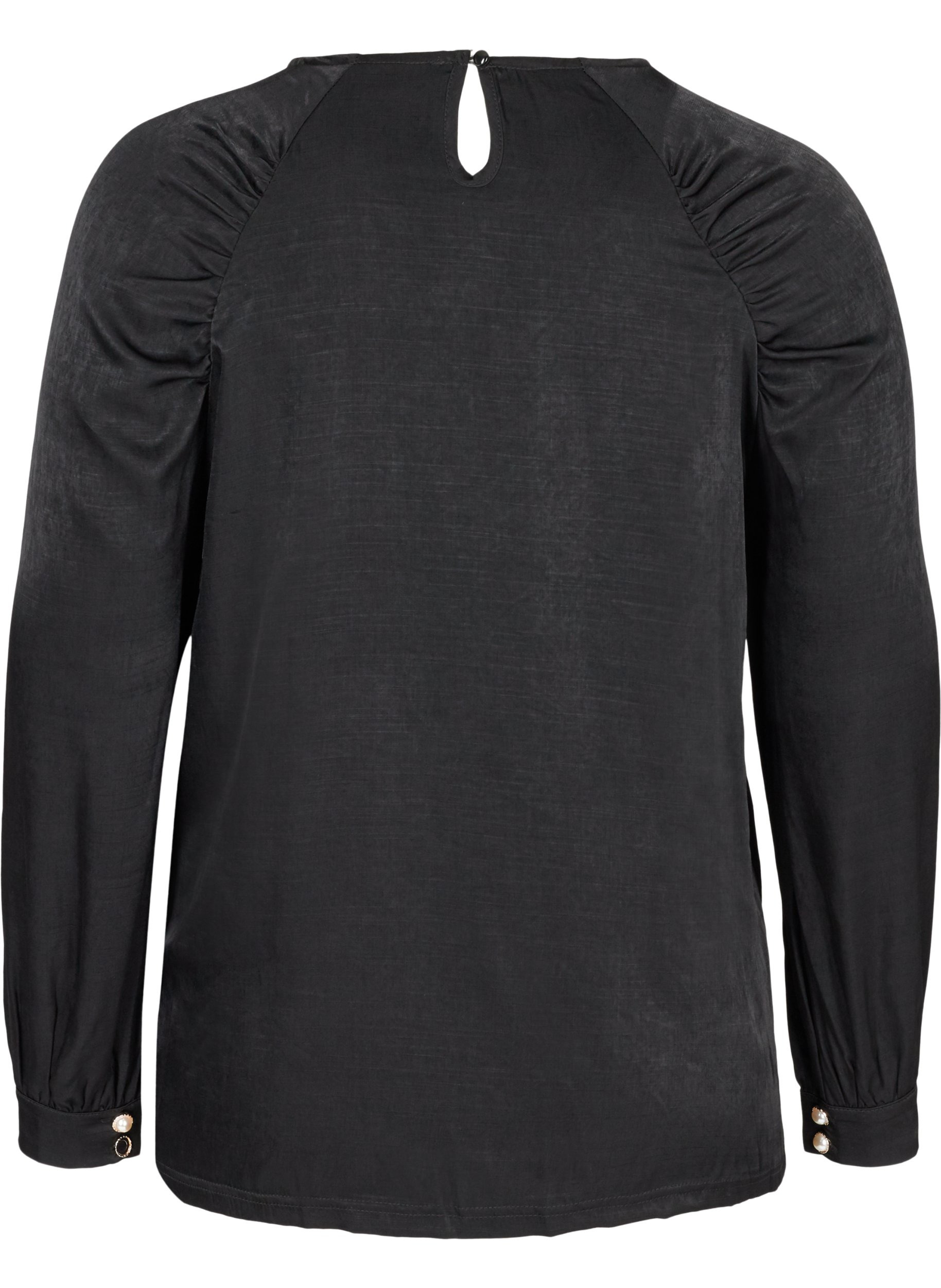 Langærmet bluse med rynkedetalje, Black, Packshot image number 1