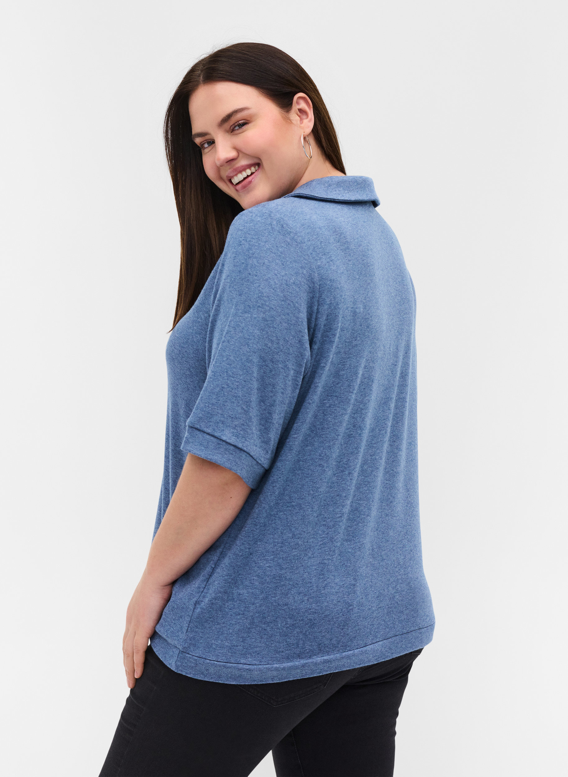 Meleret bluse med krave og 2/4 ærmer, Blue Melange, Model image number 1