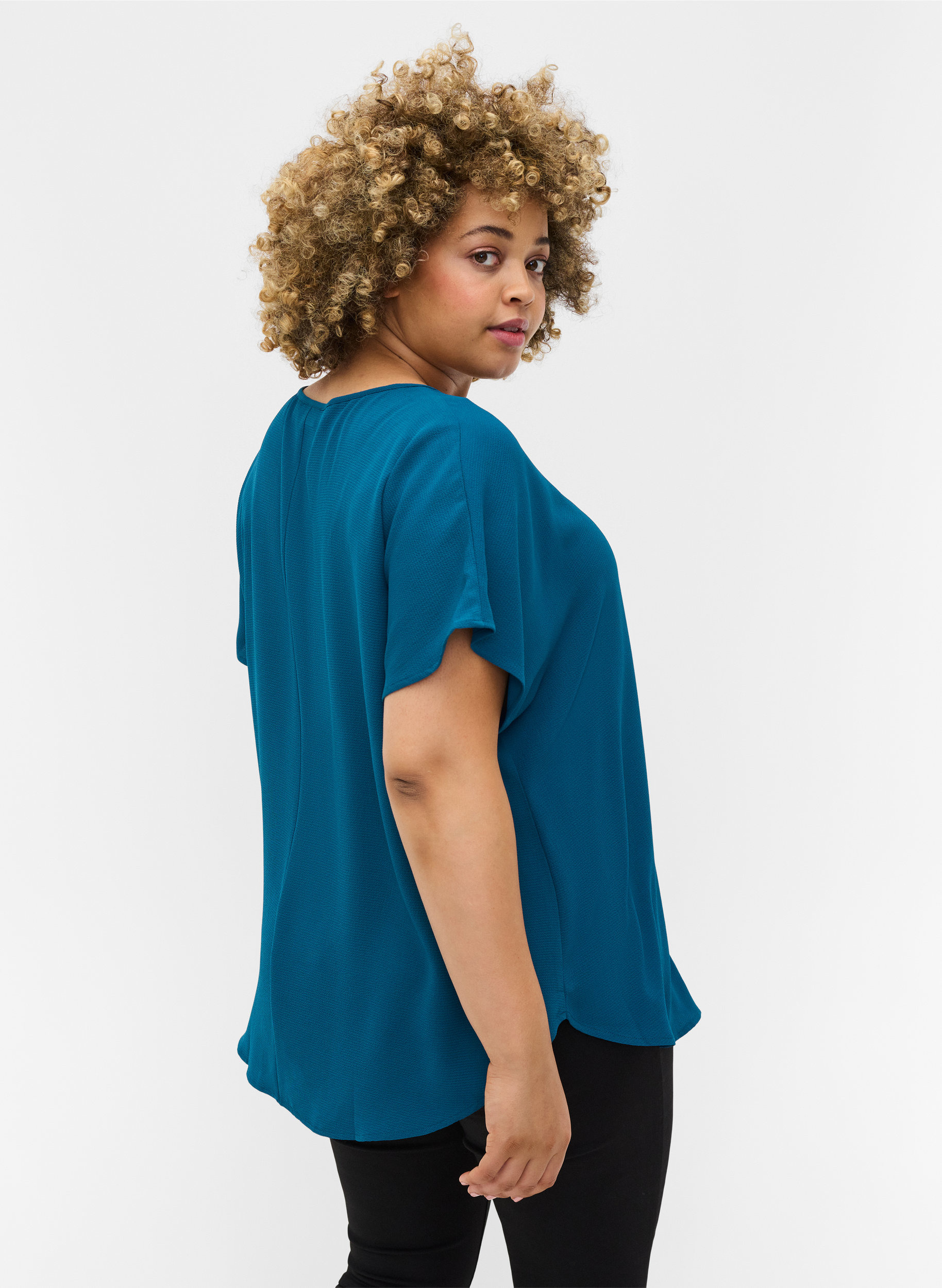 Bluse med korte ærmer og rund halsudskæring, Moroccan Blue, Model image number 1
