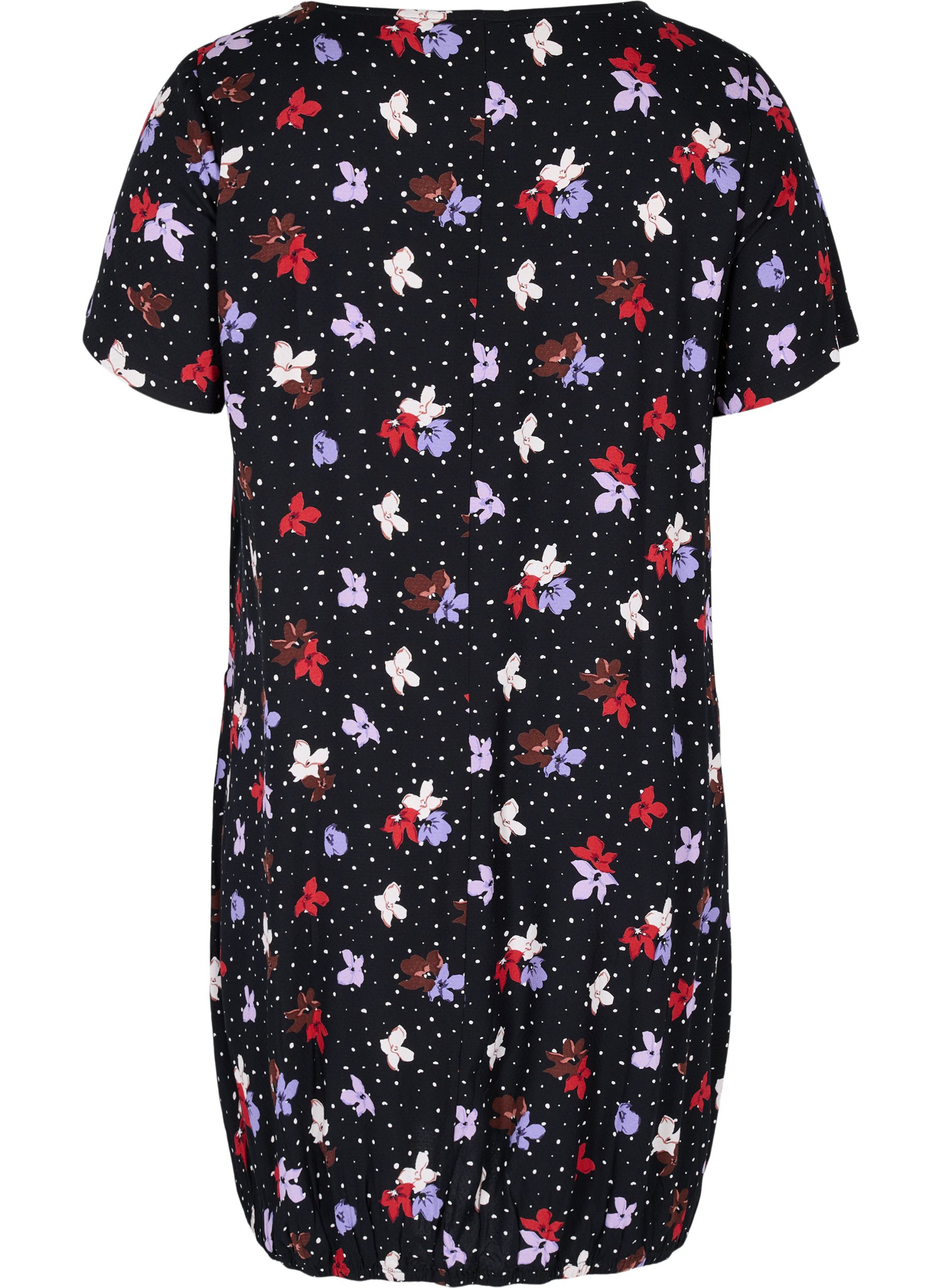 Kortærmet viskose kjole med print, Black Dot Flower, Packshot image number 1