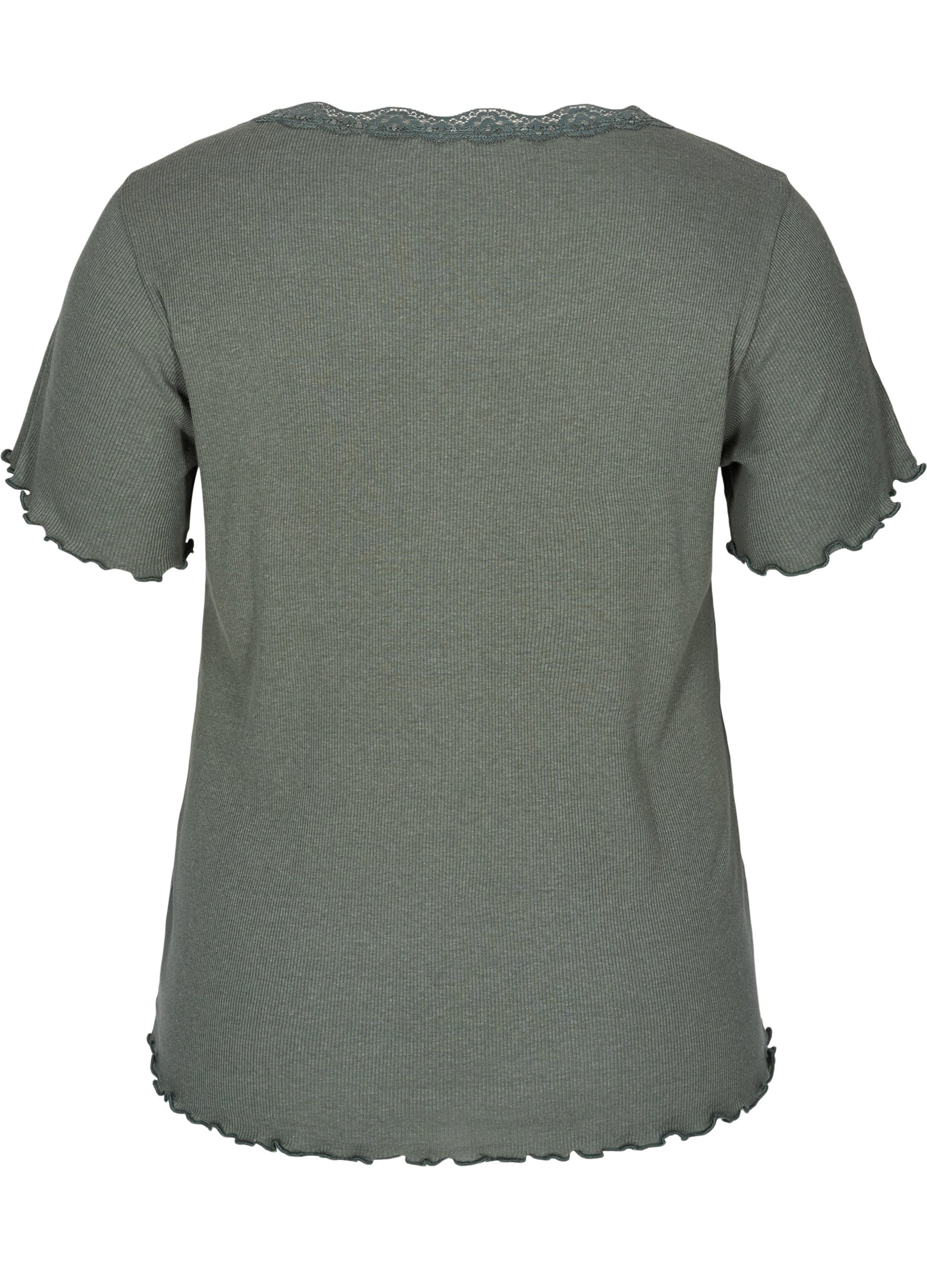 Kortærmet t-shirt i rib med blondekant, Balsam Green, Packshot image number 1