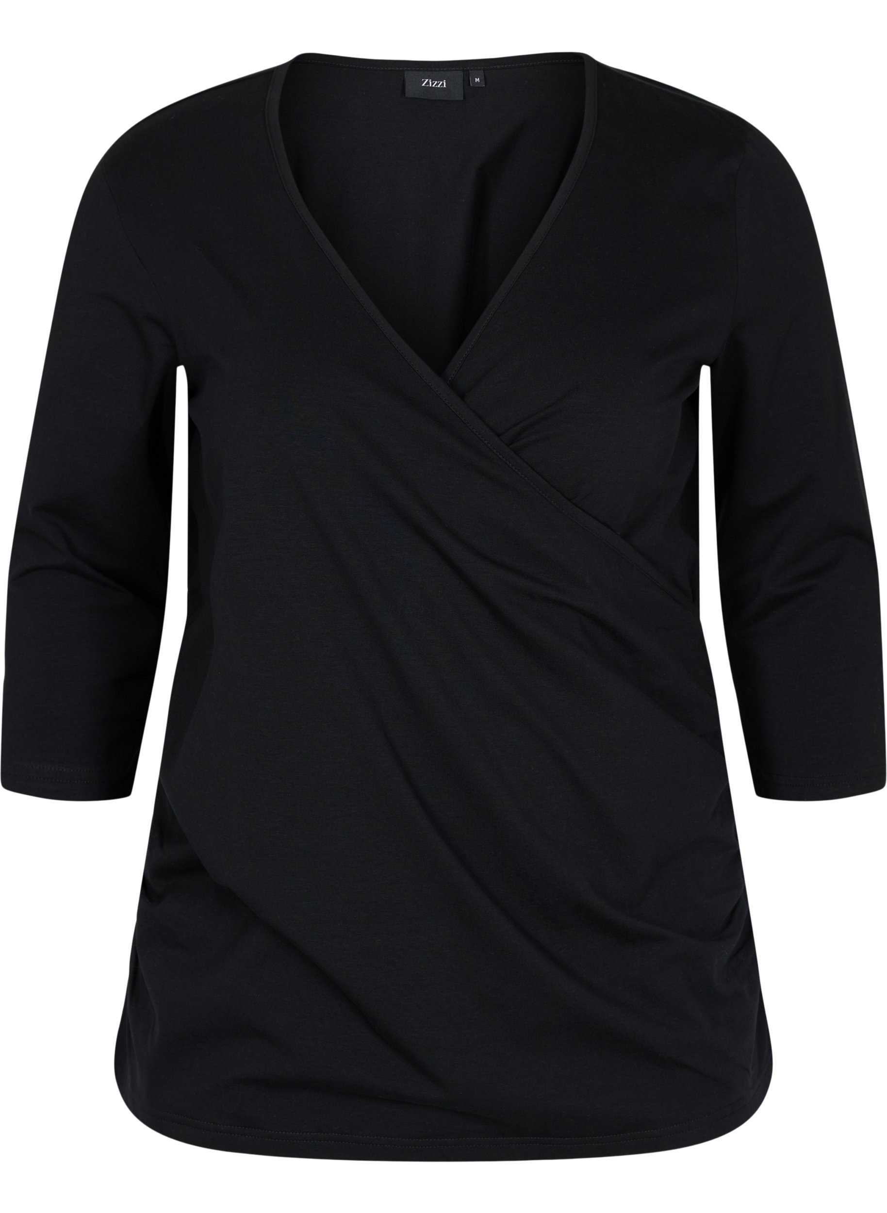 Bomulds bluse med 3/4 ærmer og wrap, Black, Packshot image number 0