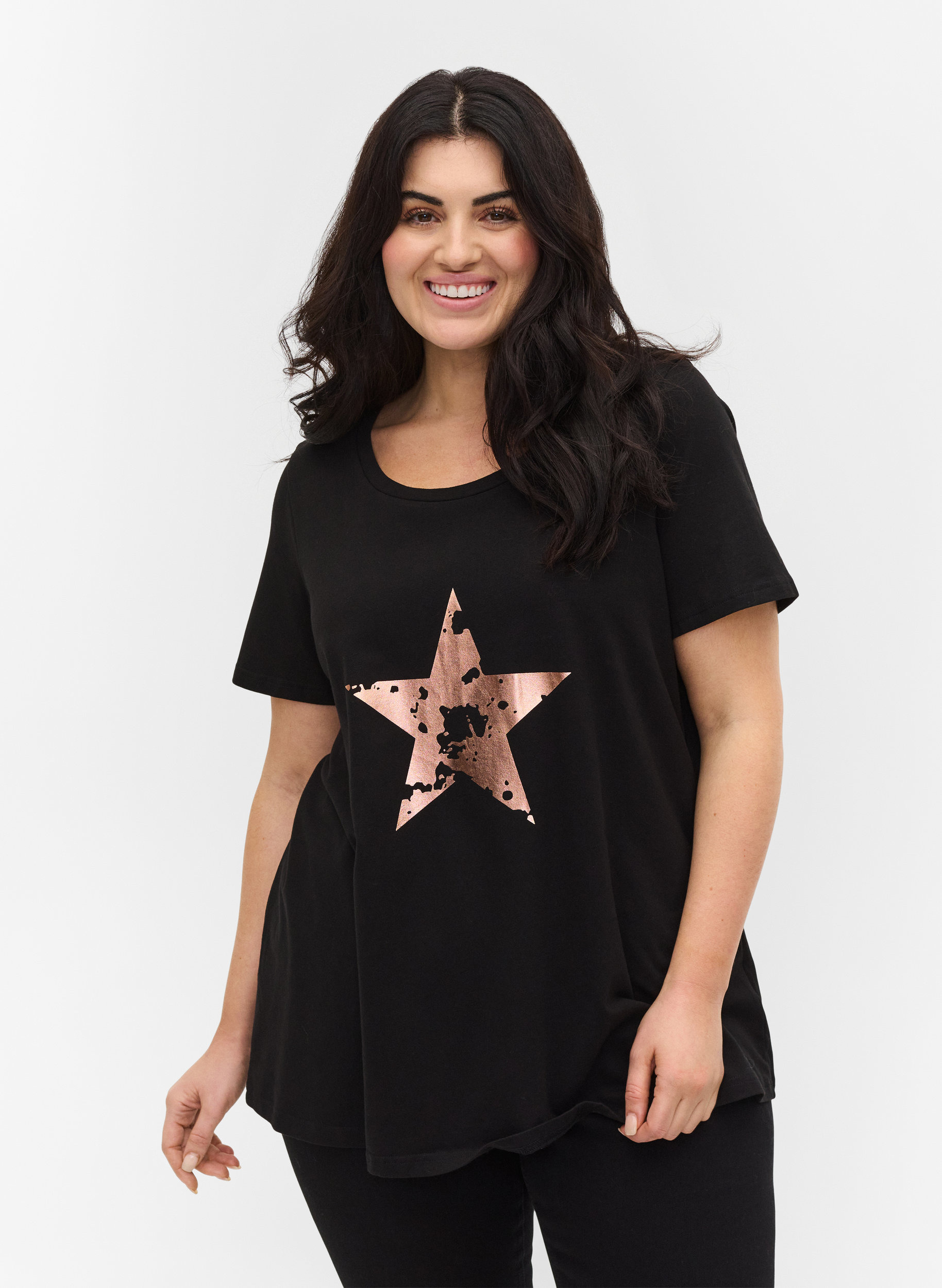 Kortærmet bomulds t-shirt med tryk, Black w. star copper, Model image number 0