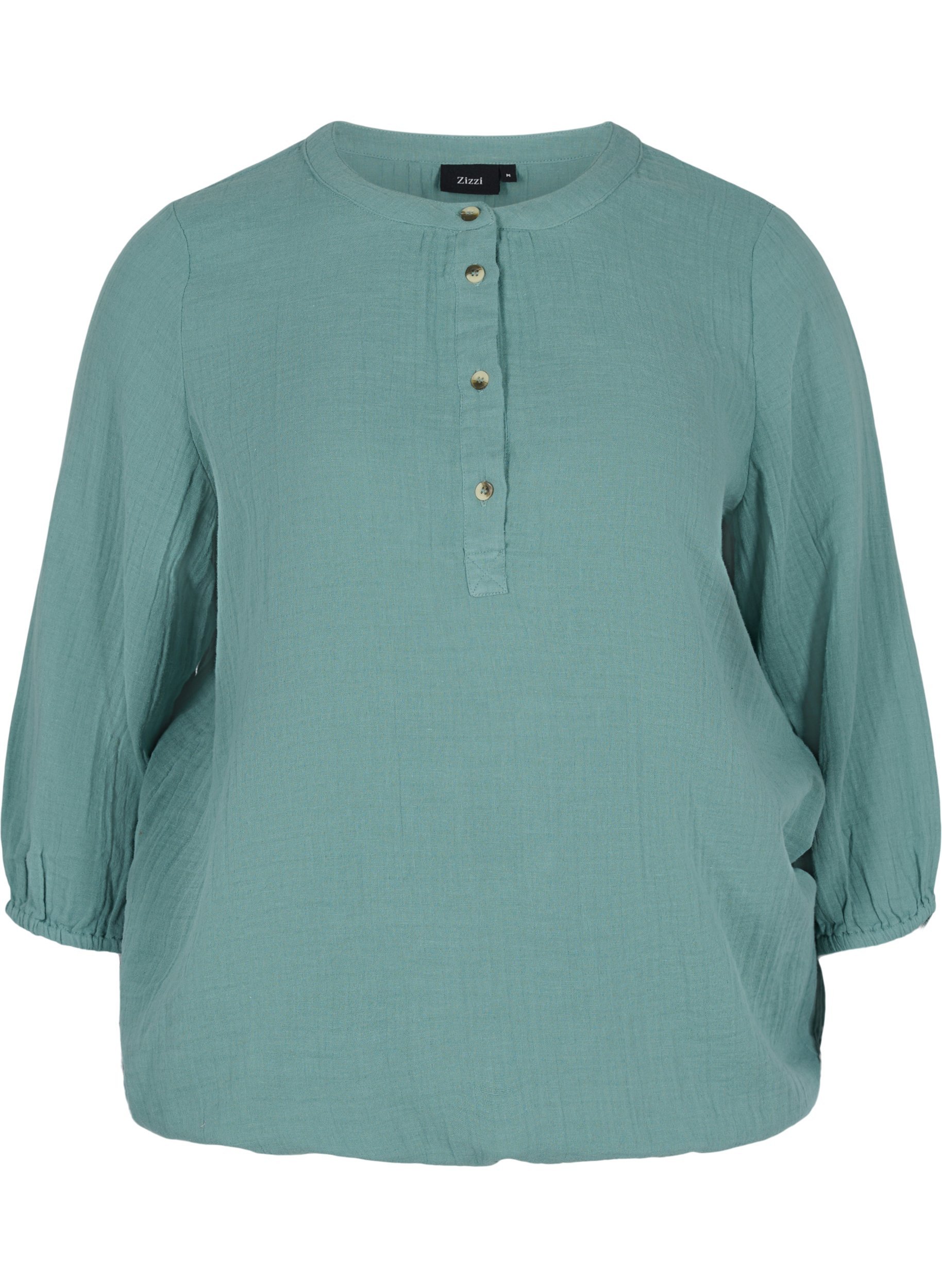 Bomulds bluse med knapper og 3/4 ærmer, Sagebrush Green
