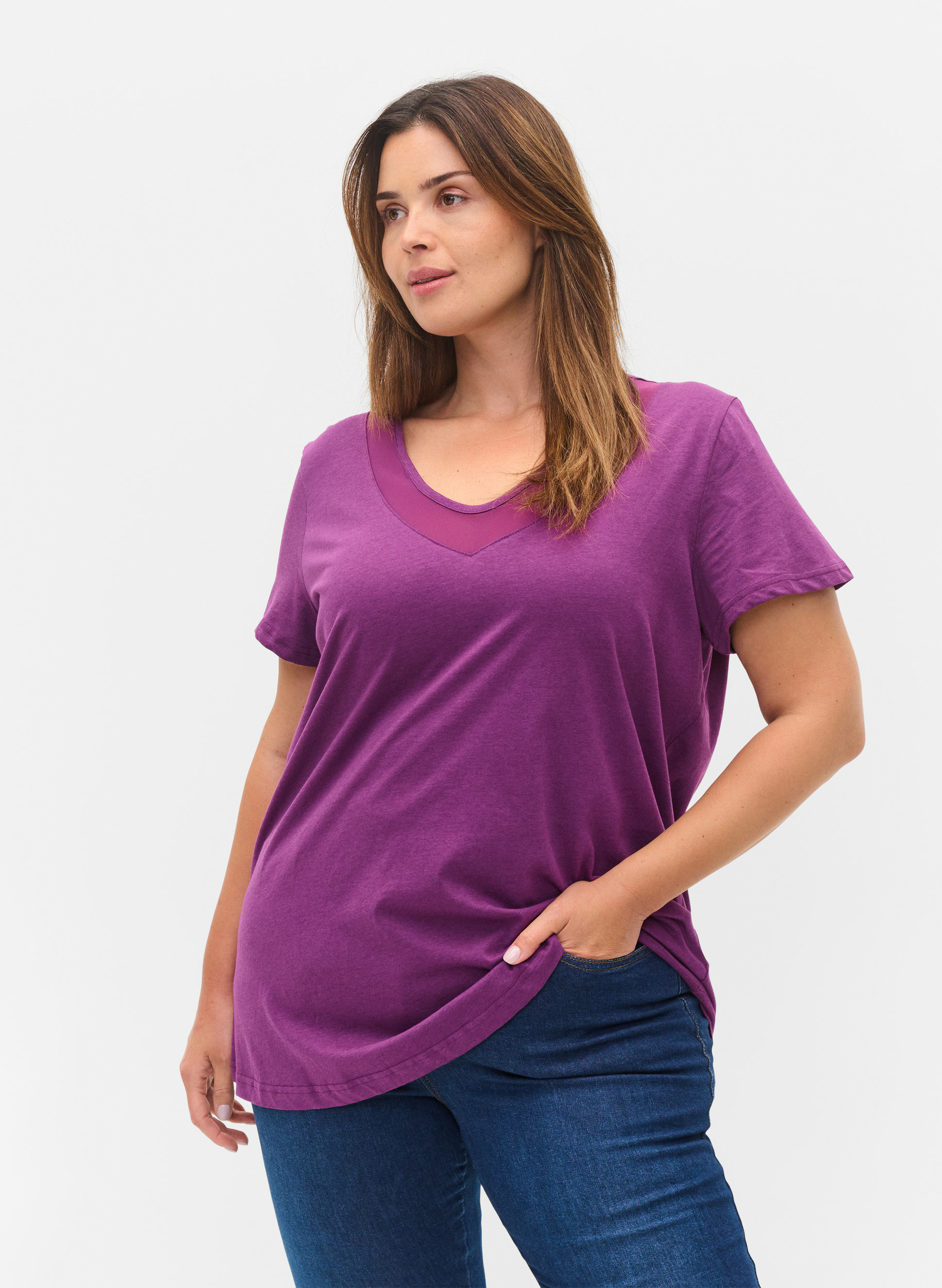 Kortærmet t-shirt med v-hals og mesh, Gloxinia, Model