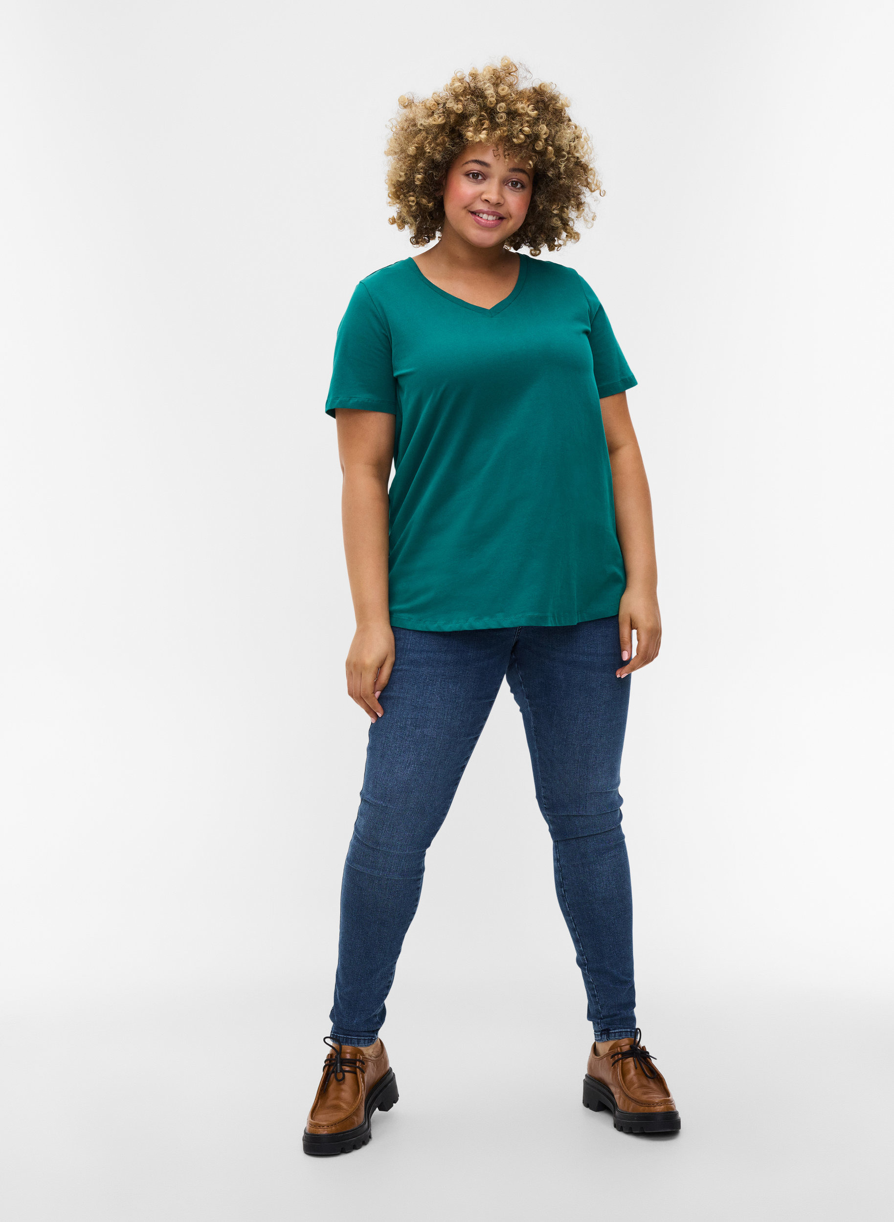Basis t-shirt med v-hals, Teal Green, Model image number 2
