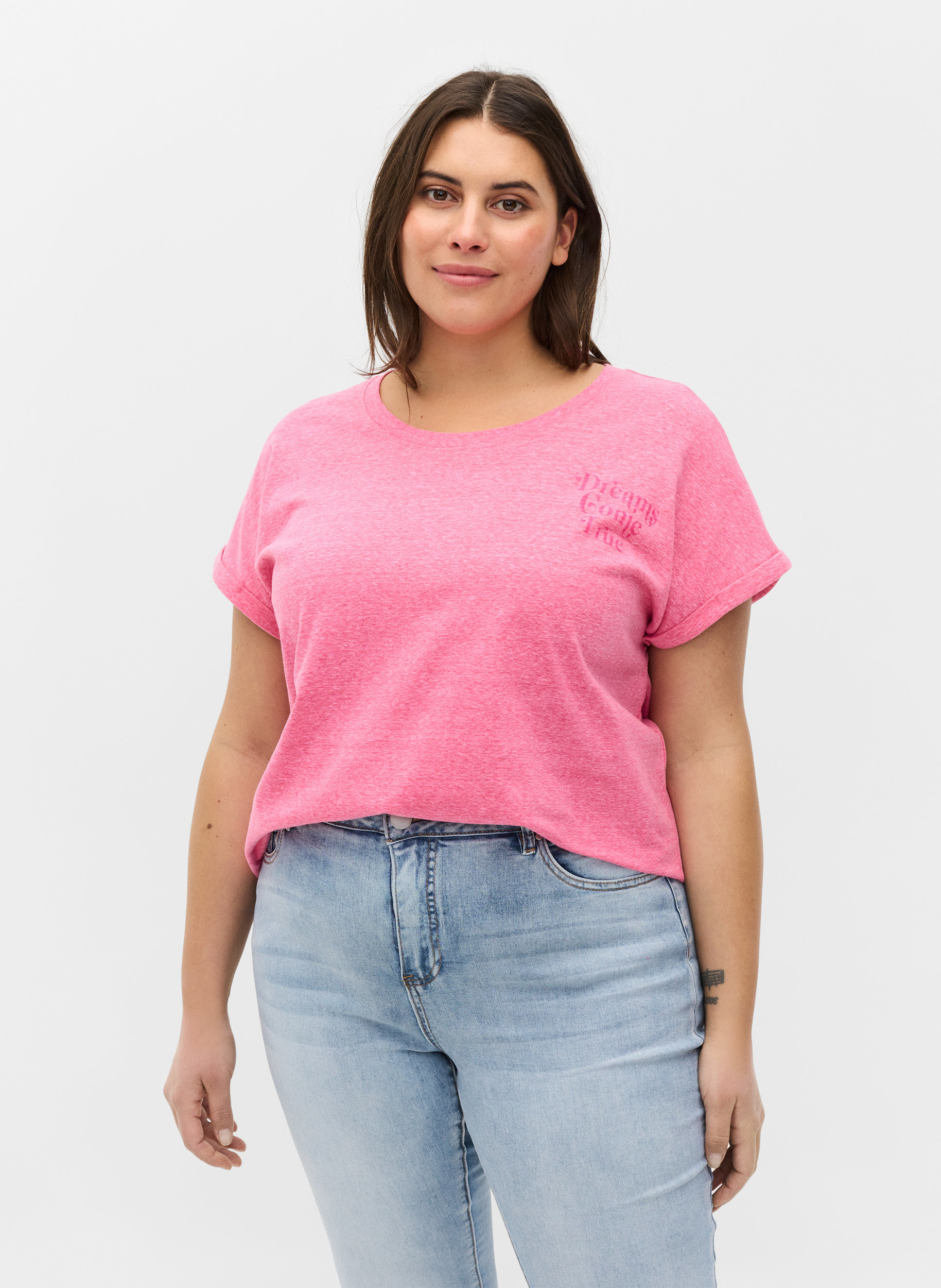 Meleret t-shirt i bomuld, Fandango Pink Mel, Model image number 0