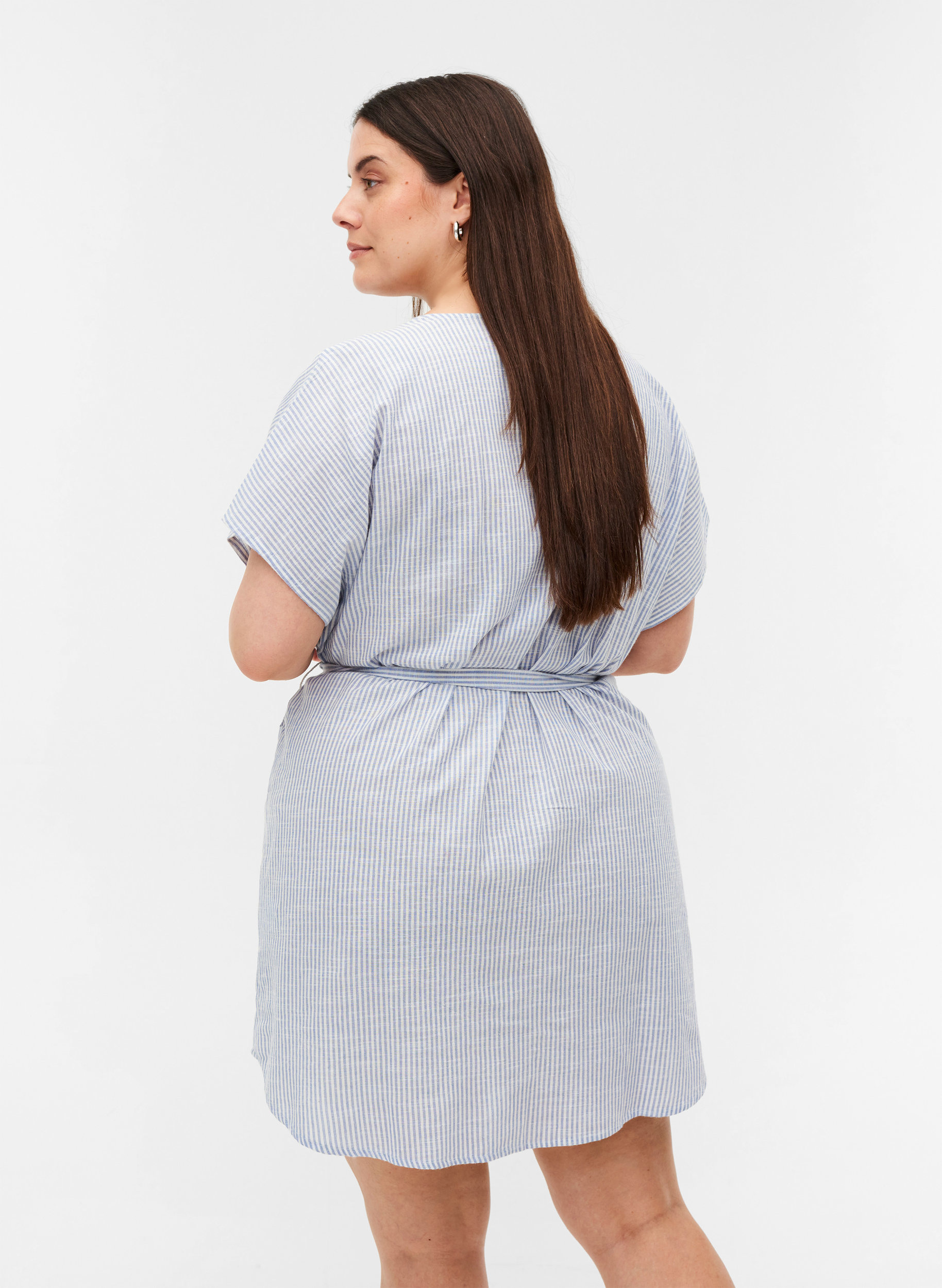 Stribet skjortekjole i bomuld med lommer, Country Blue Stripe, Model image number 1