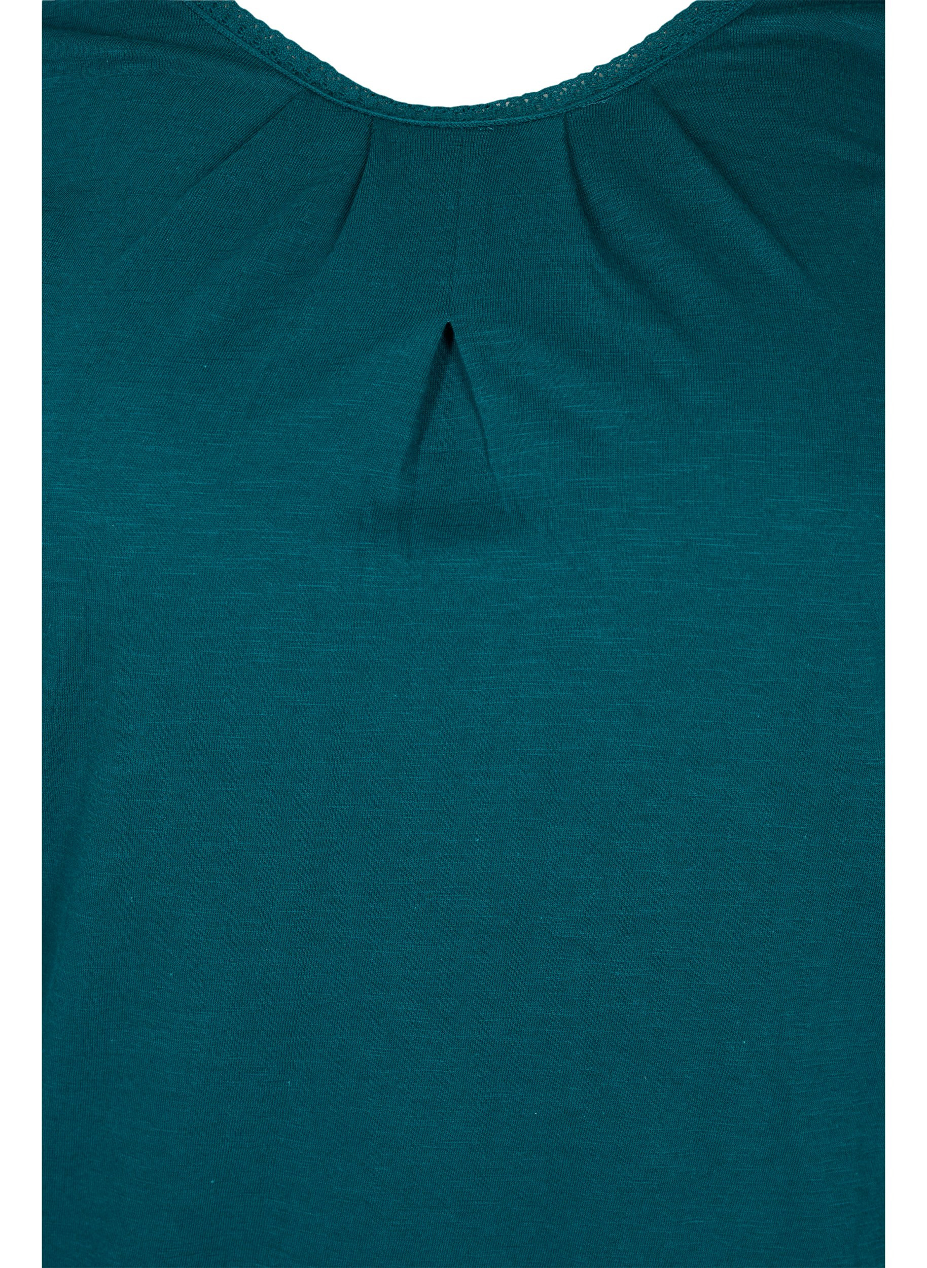 Ensfarvet bluse med 3/4 ærmer i bomuld, Deep Teal, Packshot image number 2