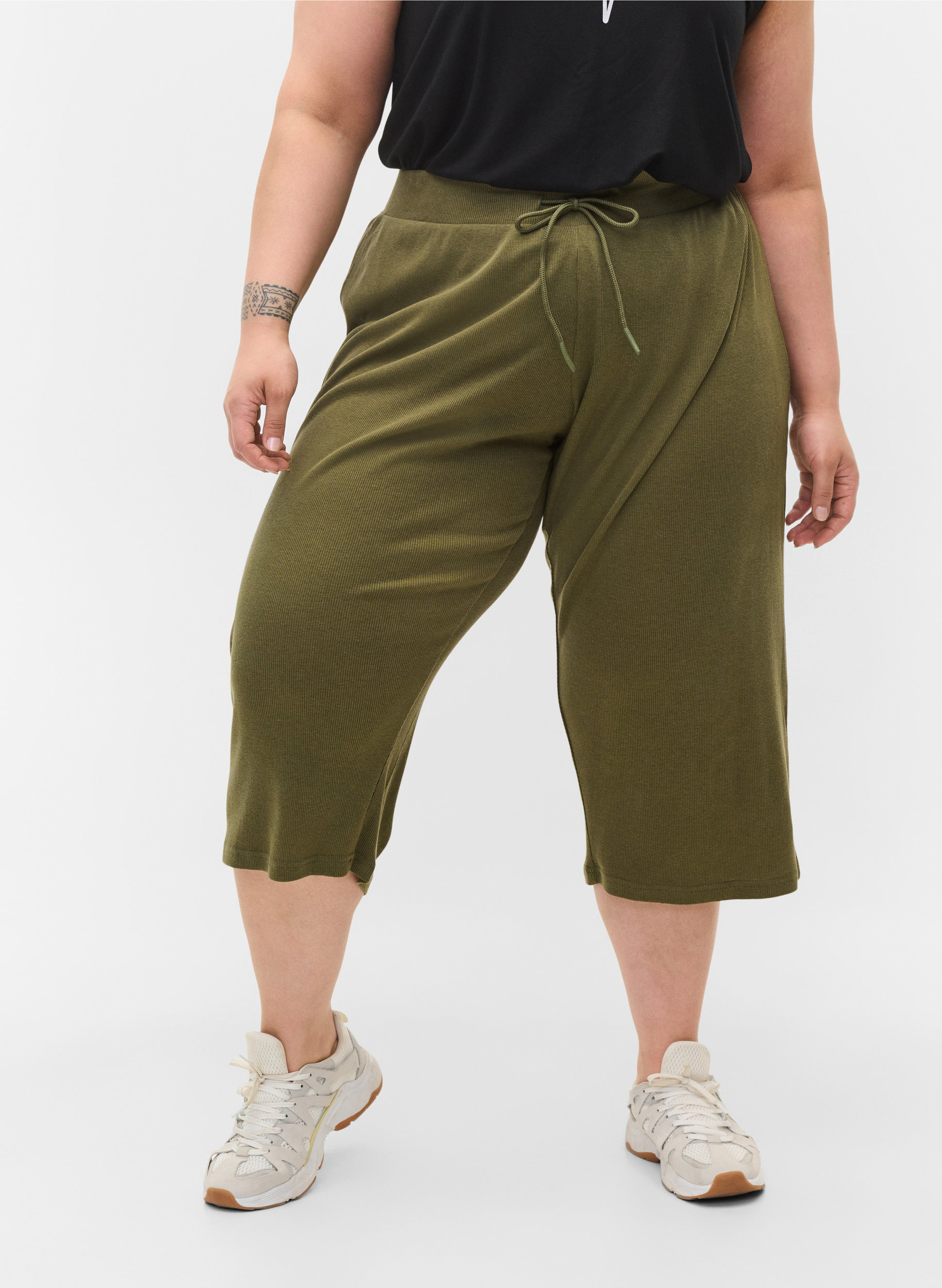 Løse culotte bukser i ribkvalitet, Ivy Green, Model image number 2